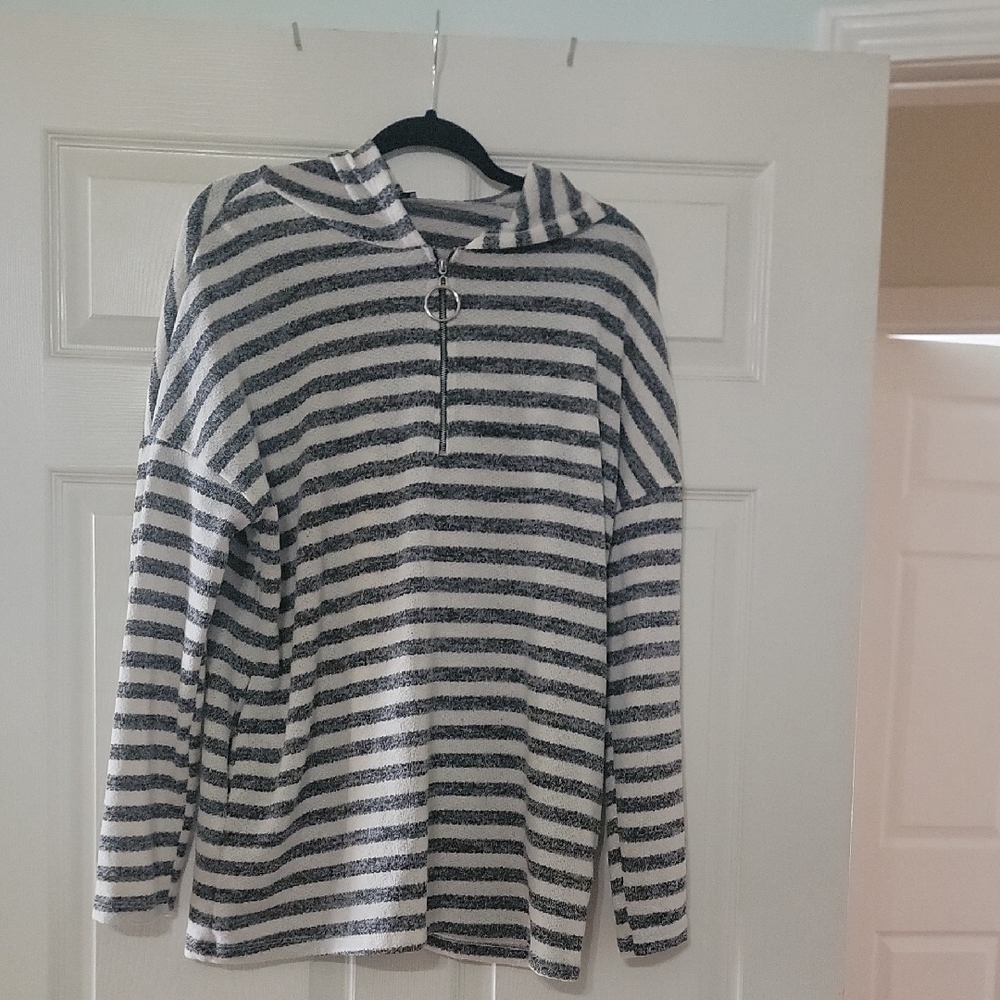 white birch Black & White Striped Half-Zip Hooded Sweater